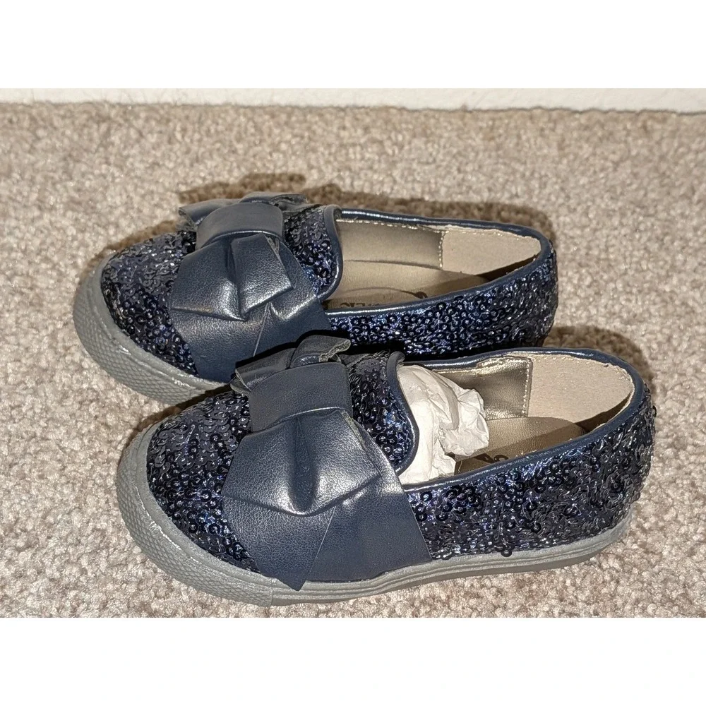 Joyfolie Baby Girls Navy‎ Blue Sequin Bow Slip On Flats Shoes Size 4 NEW